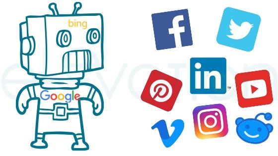 seo and social media illustrated with robot crawler and social media logos.