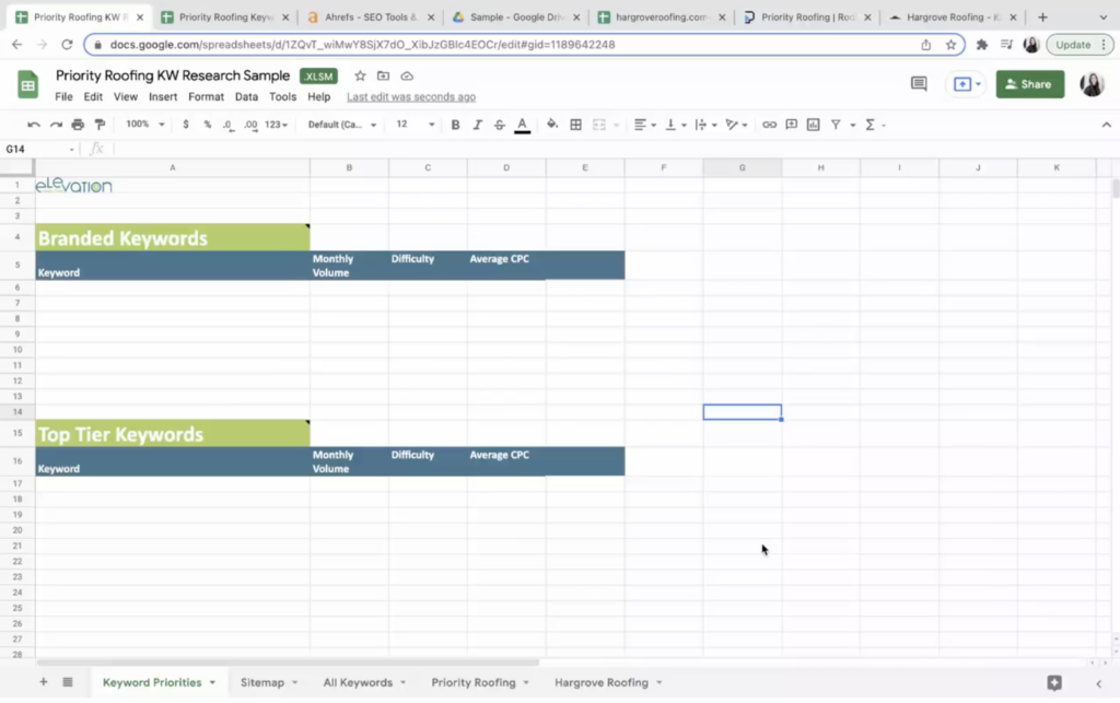 Keyword Research sheet for SEO by Elevation Marketing