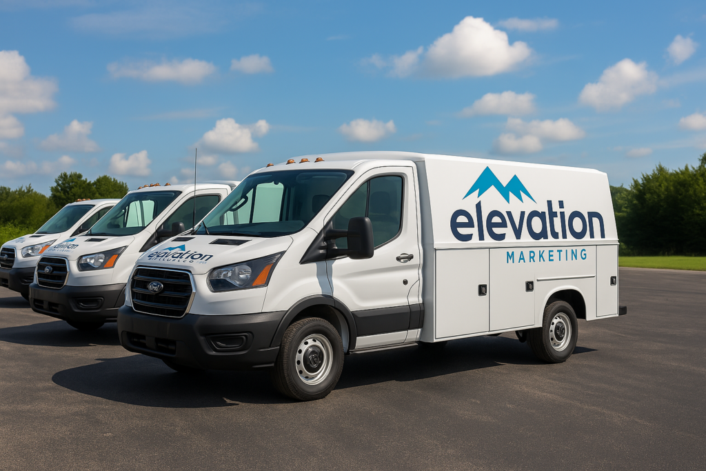 About us pages matter to users. AI fleet of vehicles with Elevation marketing logo.