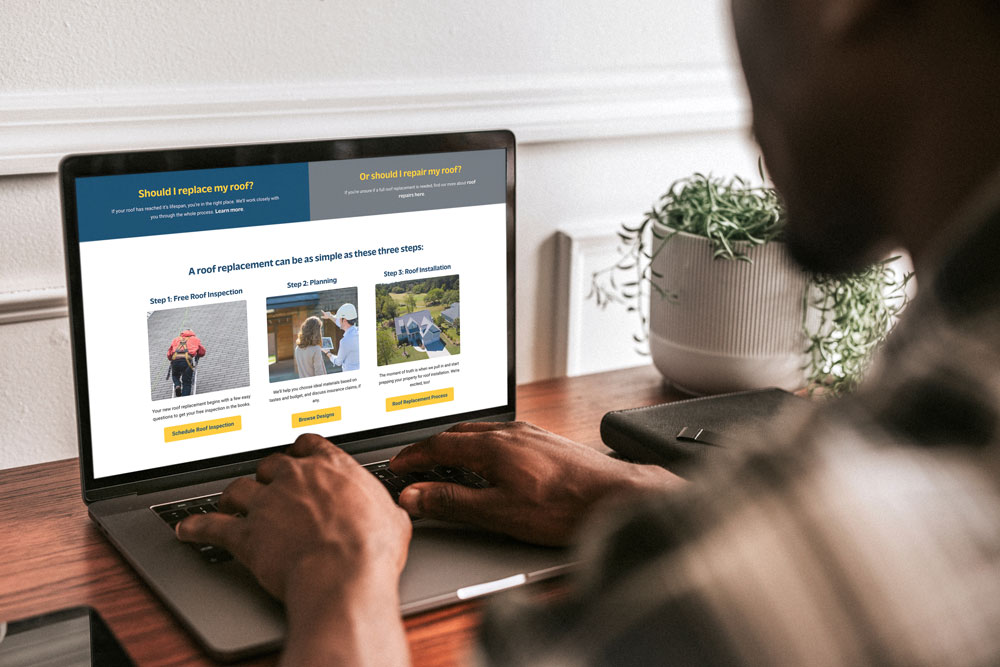 Customer searching the site for roofing service options by Elev Marketing in Omaha