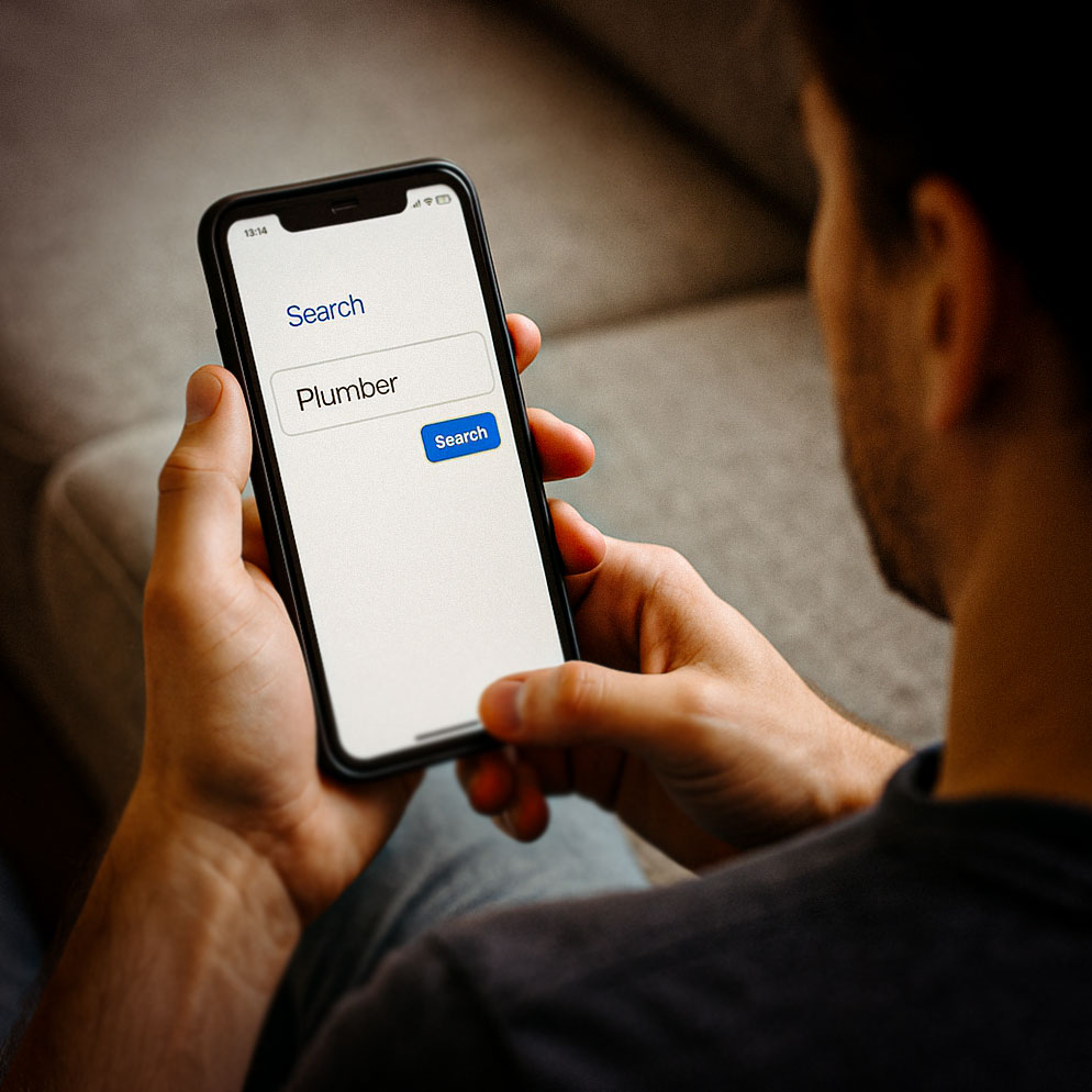 Searching for plumber on smartphone to illustrate SEO strategy by Elevation Marketing in Brisbane