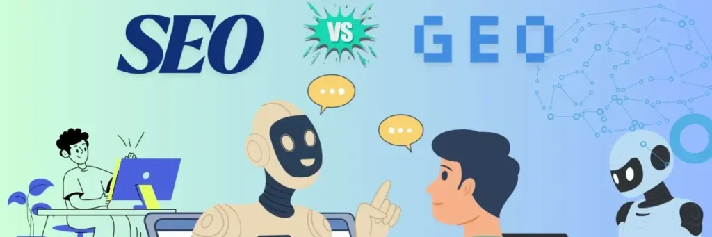 What is generative engine optimization illustrated with SEO vs GEO comparison, robots and humans interacting by Elevation Marketing