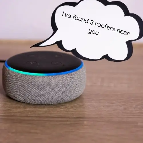 Smart speaker responding to a voice search about local roofers, representing answer engine optimization and AEO vs SEO strategies for contractors.