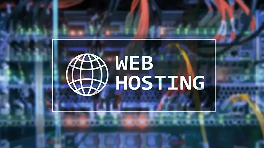 Web hosting server background with text overlay "Web Hosting" – supporting contractor marketing by Elevation Marketing