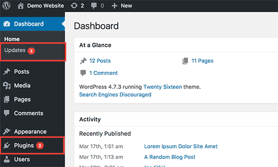 WordPress website dashboard showing updates and plugins for website maintenance services | Elevation Marketing