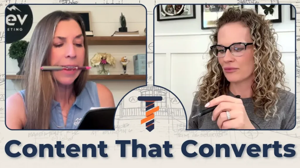 Two marketing professionals discussing contractor marketing content strategy during a virtual meeting, with the text “Content That Converts” and Elevation Marketing™ branding.
