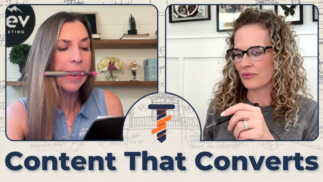 Two marketing professionals discussing contractor marketing content strategy during a virtual meeting, with the text “Content That Converts” and Elevation Marketing™ branding.