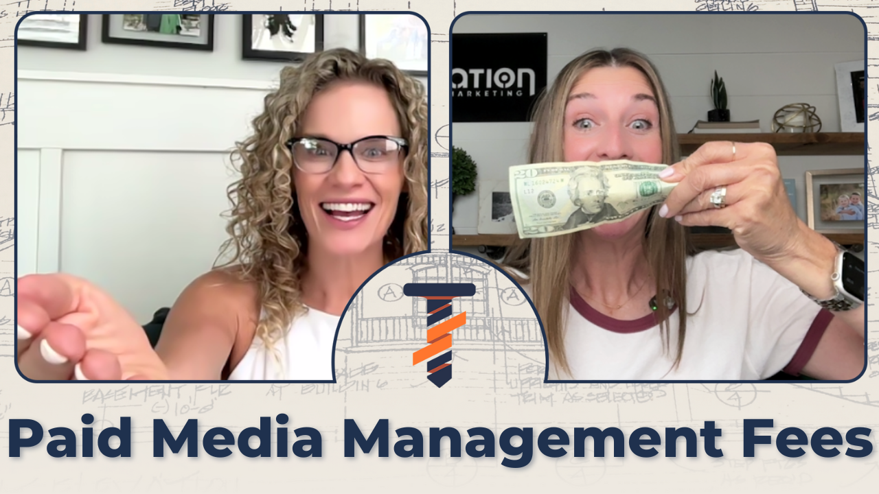 Elevation Marketing Trade Secrets Podcast hosts Devon and Amanda discussing paid media management fees during a recorded video episode.