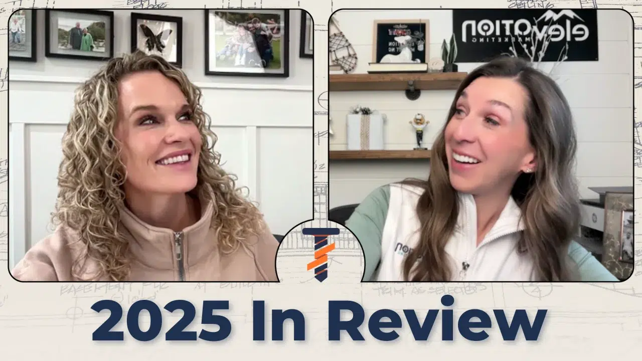 Two podcast hosts discussing 2026 marketing trends for contractors during a video call by Elevation Marketing™