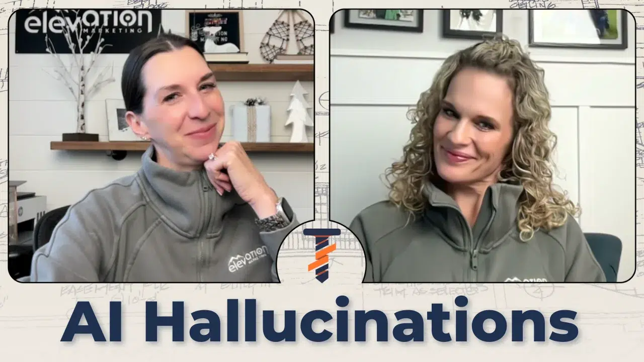 Two Elevation Marketing™ team members discussing AI hallucinations in marketing on split-screen cover graphic by Elevation Marketing™