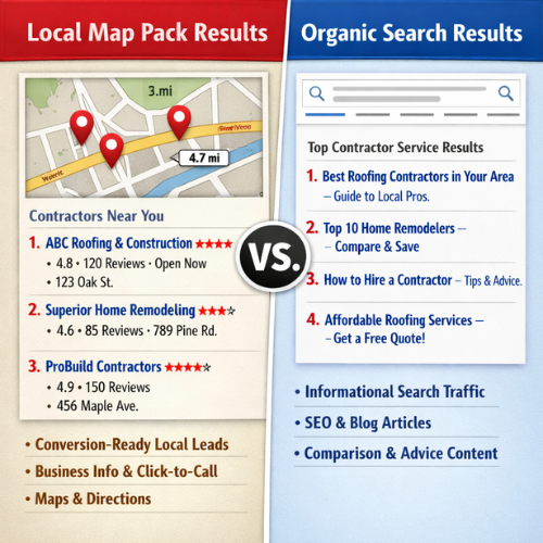 Comparison chart showing local map pack results with business listings, reviews, and directions versus organic search results with informational articles and tips, separated by a central “VS” graphic.