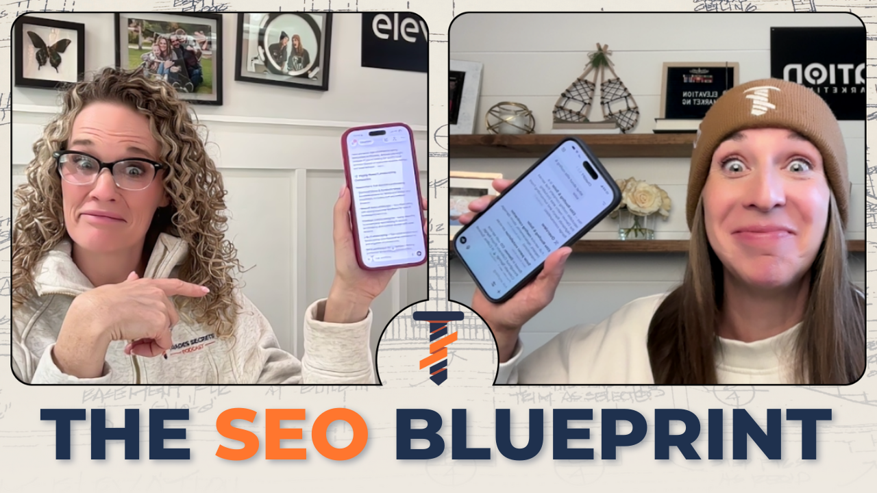 Two podcast hosts holding smartphones with text on screens, one pointing and one smiling, with large caption “THE SEO BLUEPRINT” in orange and dark blue