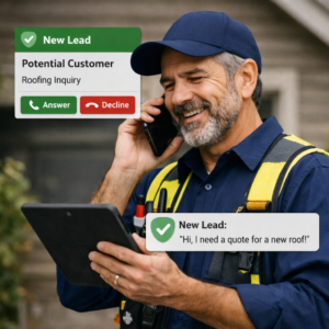 Roofing contractor answering a new lead notification on phone and tablet, representing paid media for contractors generating inquiries