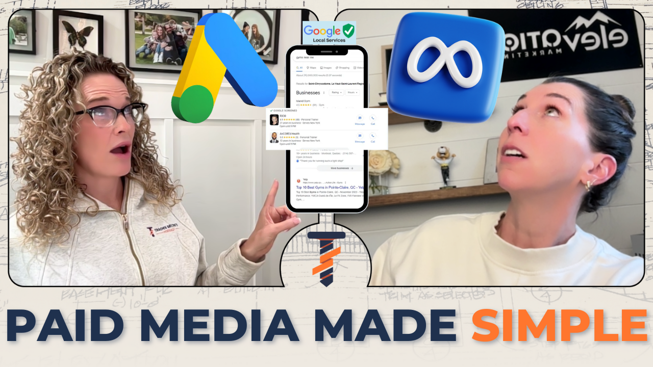 Two podcast hosts illustrating digital marketing comparison of Google Ads, Meta Ads, and Google Local Services, highlighting paid media for contractors