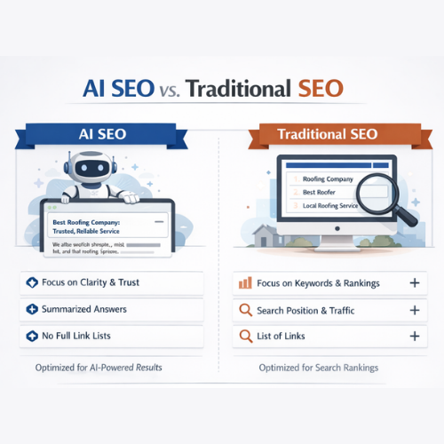 A split-screen graphic compares AI SEO and traditional SEO, showing the difference between trusted answers and keyword-based search results.