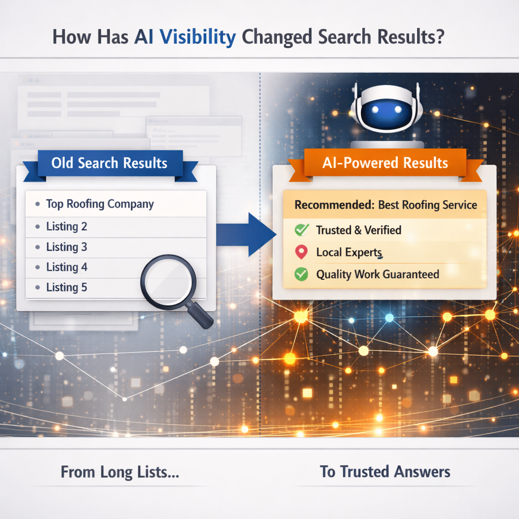 An illustration comparing old search results to AI-powered results, showing how AI visibility changes search outcomes for roofing businesses.