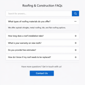 FAQ section interface for roofing and construction service area pages by Elevation Marketing