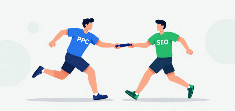 A PPC specialist and SEO specialist passing a baton, representing marketing investments in Denver by Elevation Marketing.