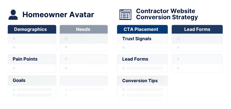 A marketing strategy wireframe layout outlining a homeowner avatar and a contractor website conversion strategy for building a marketing system digital marketing in Denver by Elevation Marketing