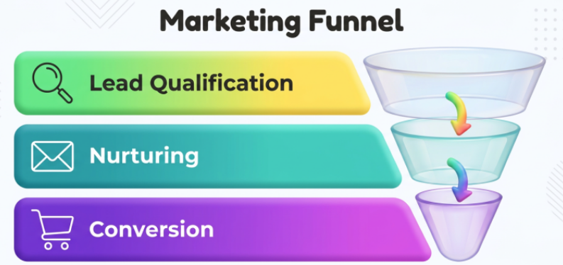 A three-stage marketing funnel graphic highlighting lead qualification, nurturing, and conversion for building a marketing system digital marketing in Denver by Elevation Marketing