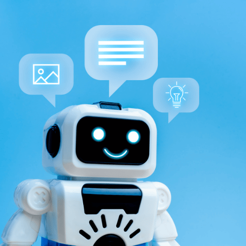 Friendly AI robot with creative icons AI websites for contractors services by Elevation Marketing