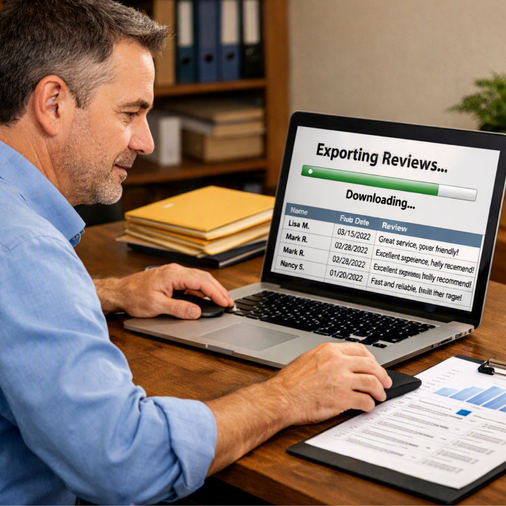 Laptop screen showing exporting reviews process with customer feedback table highlighting Google Business Profile review policy updates service by Elevation Marketing