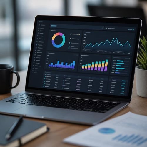 Ad performance analytics dashboard on a laptop, ChatGPT ads campaign tracking by Elevation Marketing™