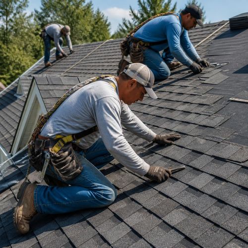 Roofing crew installing shingles on a steep roof, roofing contractor marketing and Google Business Profile visibility by Elevation Marketing