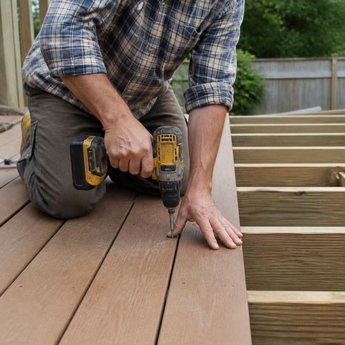 Deck builder working with a cordless drill on a job, marketing tips for deck builders by Elevation Marketing™
