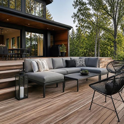 Modern wooden deck and patio project, deck builder project photos for marketing by Elevation Marketing™